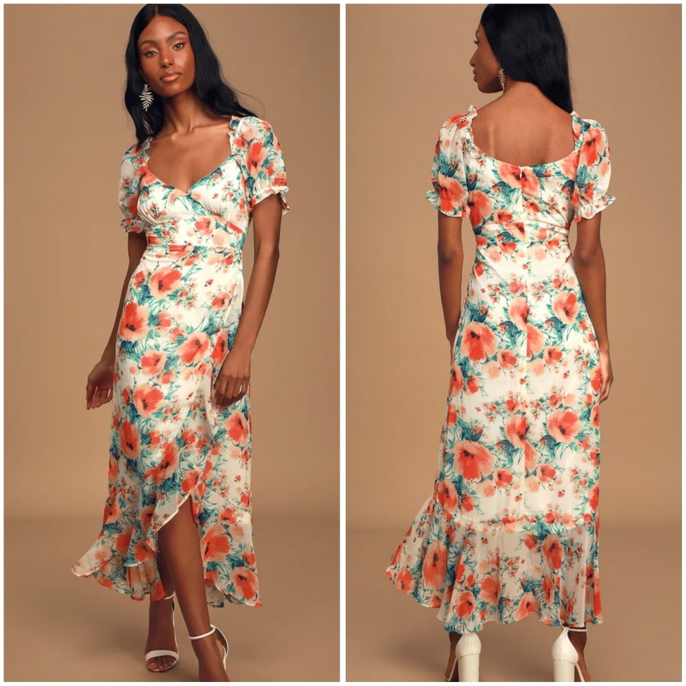 Lulus - Romantic White Floral Ruffle Dress